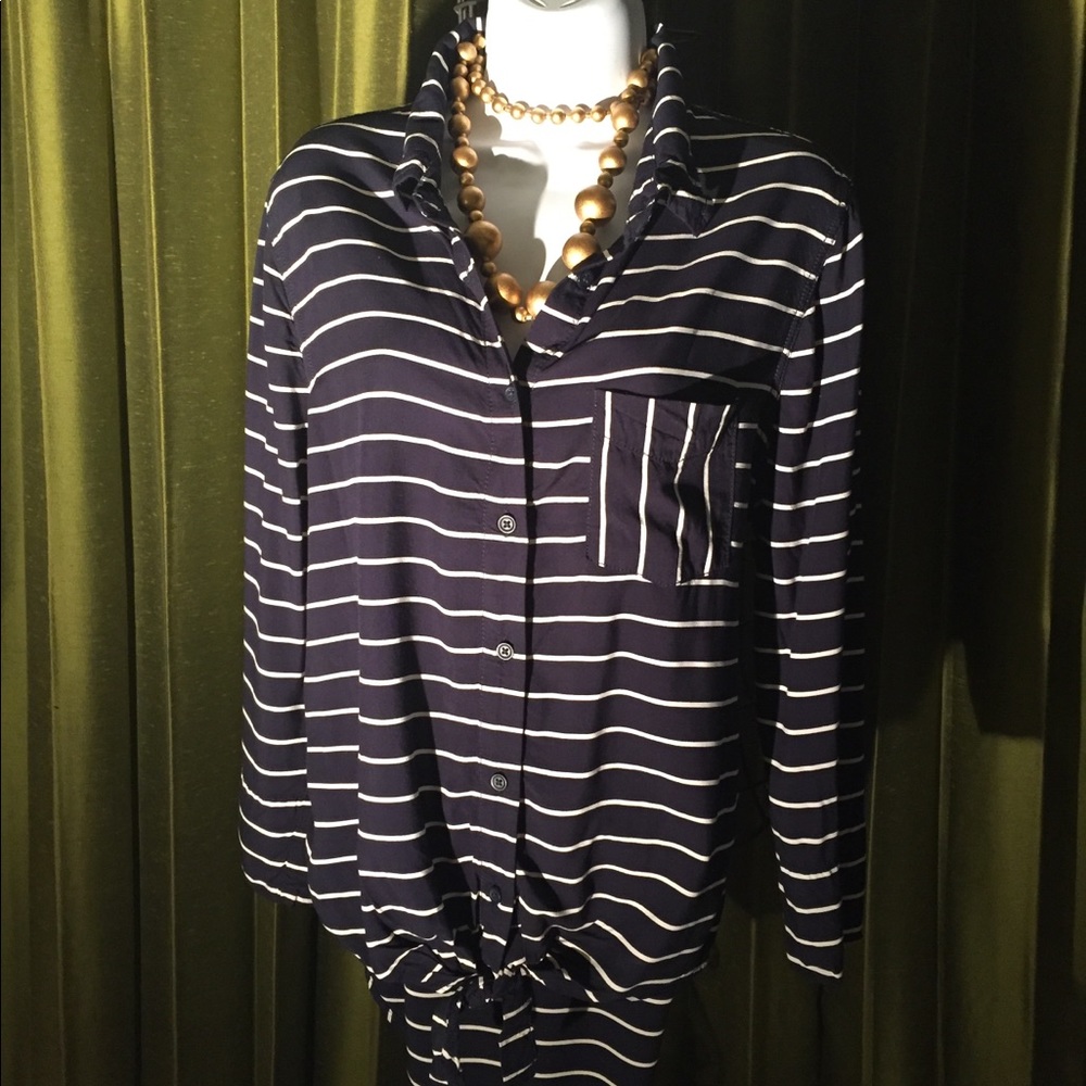 Anthropologie beachlunchlounge navy blue white stripe shirt blouse L